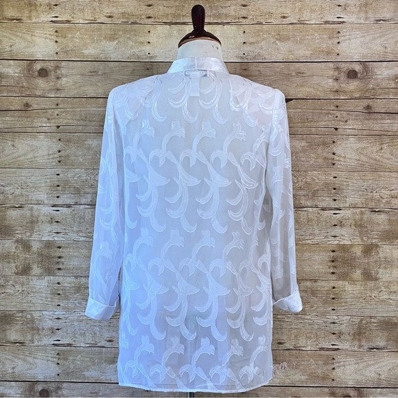 Dana Kay Womens White Sheer Burnout Scroll Open Front Jacket Satin Trim 14W 5149 - Picture 4 of 7